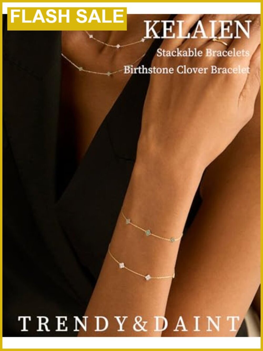 14k Gold Plated Clover Birthstone Bracelet Dainty Adjustable Link Charm - Picture 2 of 5